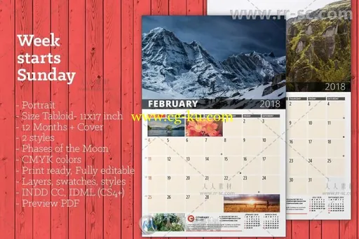 2018年时尚墙纸日历indesign排版模板的图片3