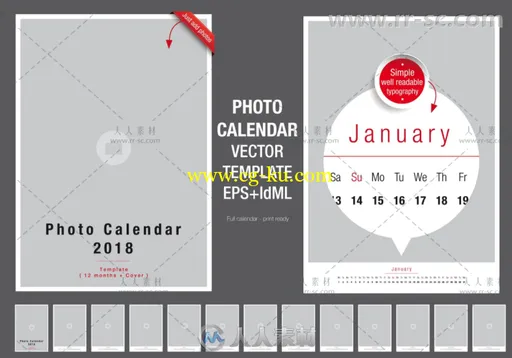 2018年时尚简单的照片日历indesign排版模板的图片1