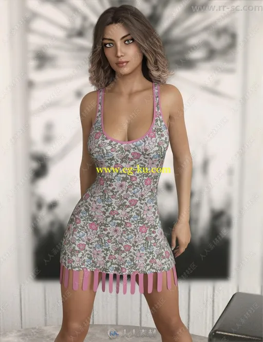 12种花纹图案女性吊带连衣裙3D模型的图片1