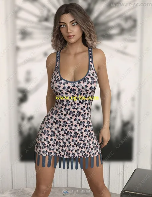12种花纹图案女性吊带连衣裙3D模型的图片6