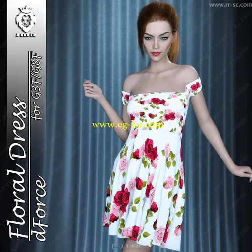 18款花纹图案女性一字领连衣裙3D模型的图片1