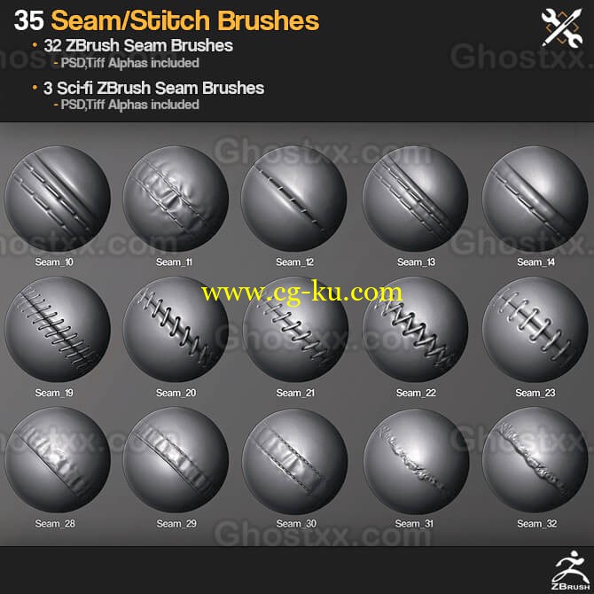 Gumroad - ZBrush 35 SeamStitch Brushes的图片1