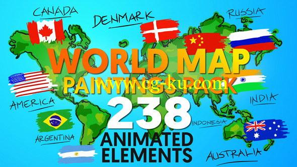 AE模版：4K分辨率世界地图素材手绘动画包（59个国家+238种动画）World Map Paintings Pack的图片1