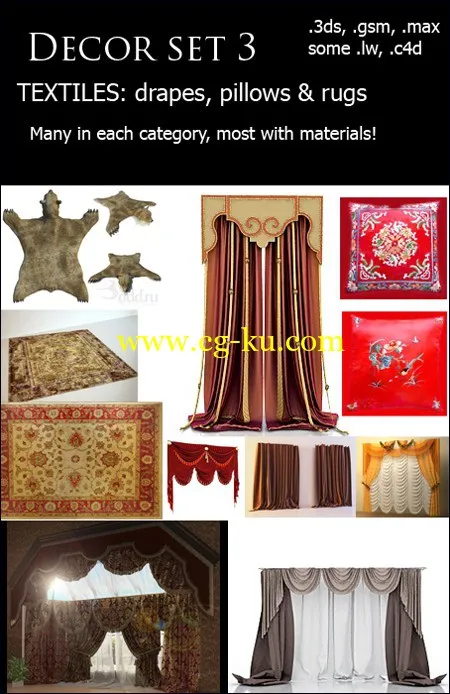 3纺织品装饰窗帘枕头和毯子模型下载的图片1