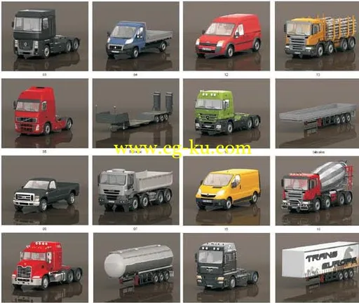 20个包车，卡车，拖车，油罐车，集装箱车，混凝土搅拌车模型下载的图片1