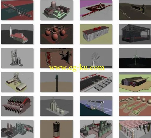 25个高精度的工业建筑类型3D模型下载工厂，港口设施，吊塔，厂房，机场，多层停车场，炼油厂，油管的图片1