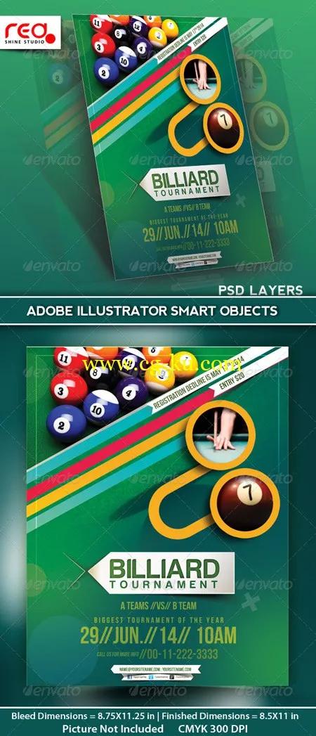 GraphicRiver Billiard Tournament Flyer Poster Magazine Template 台球锦标赛传单海报杂志模板的图片1