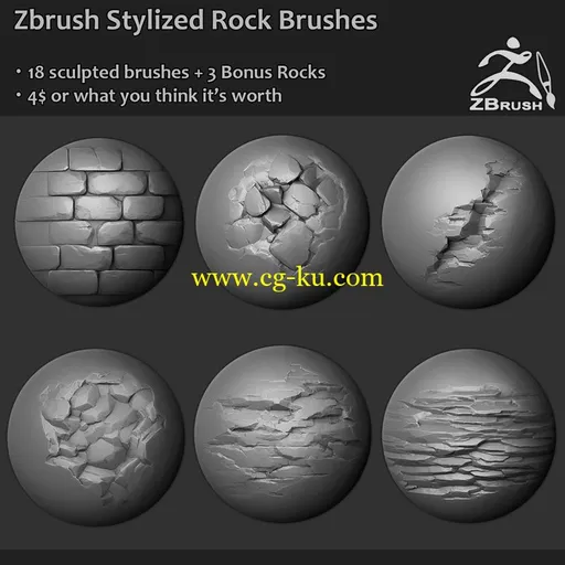 Gumroad – Zbrush – 18 Stylized Rock Brushes + 3 Ztool rock meshes and mini tutorial的图片1