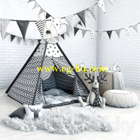 Wigwam with a mattress pillows fur skins baskets flags and deer的图片1