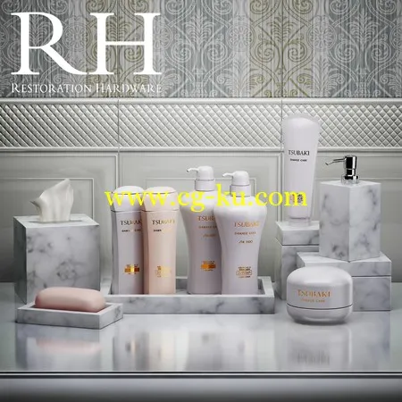 Set for Restoration Hardware bathroom with shampoos and plates的图片1