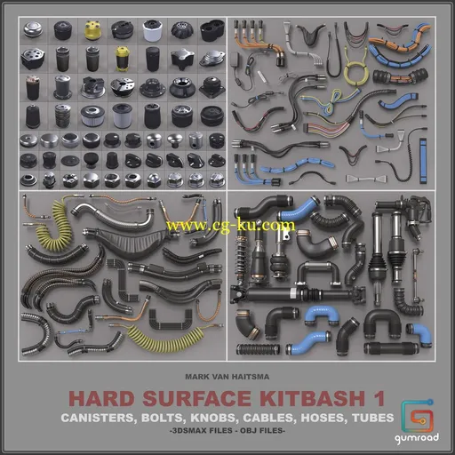 Gumroad – Hard Surface Kitbash Library 1 – Canisters/Bolts/Knobs/Cables/Hoses/Tubes的图片1