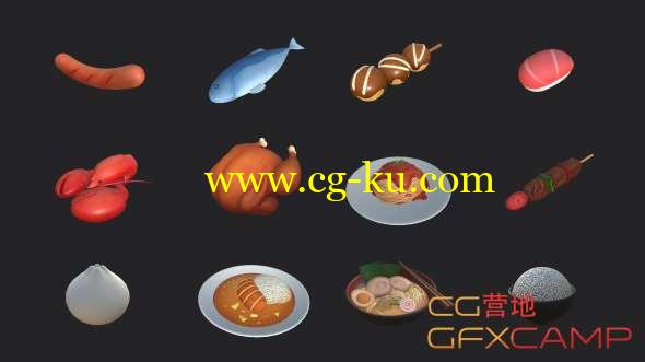 中国风卡通食物3D模型 Cgtrader - Cartoon Food Pack 2 3D model的图片1