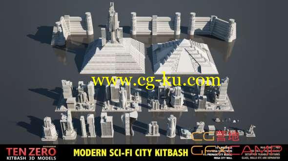 科幻建筑楼房3D模型 CGTrader - Modern Sci-Fi Buildings Kitbash 3D Models (FBX/OBJ/MAX格式)的图片1