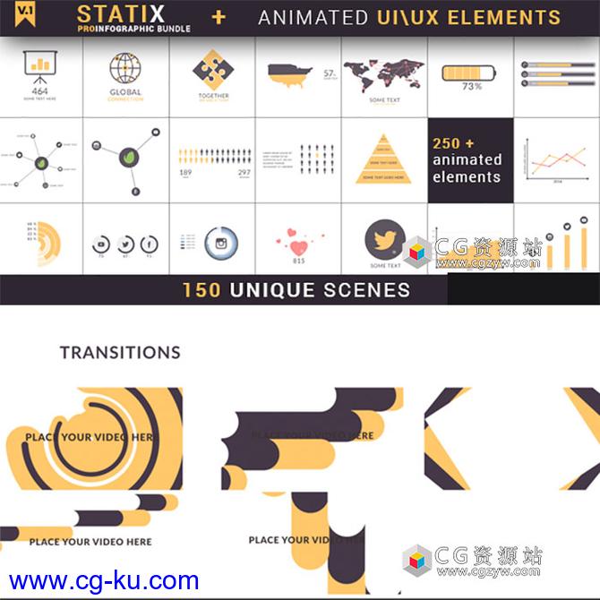 AE模板-150组时尚信息图表数据统计UIUX界面图标动画MG元素包的图片1