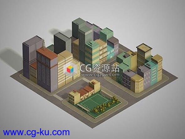 城市街区楼房低多边形3D模型 Cubebrush – LowPoly Pack of 4 City Blocks的图片1