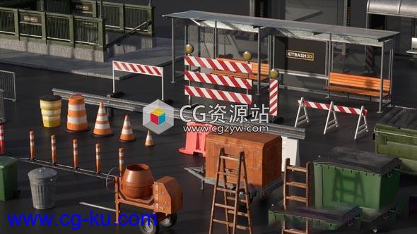 C4D/E3D模型包城市街边设施街边围栏/地铁入口/灯柱/公路隔板集合的图片1