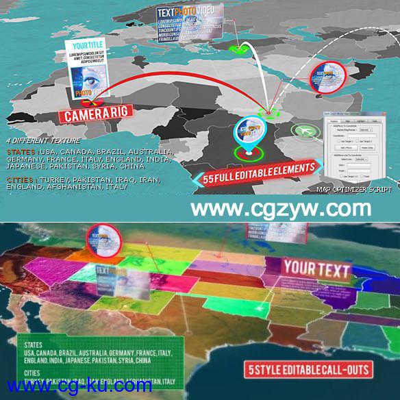 AE模板-超级三维地图标记世界中国军事地图地点定位连线数据信息展示的图片1