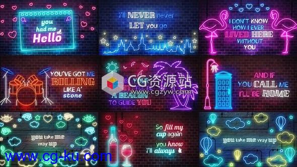 霓虹灯歌词文字动画 AE模板-Neon Lyrics Template的图片1