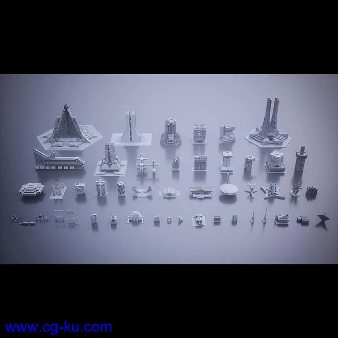 现代城市建筑纪念碑塔楼三维模型Kitbash3D Brutalist的图片1