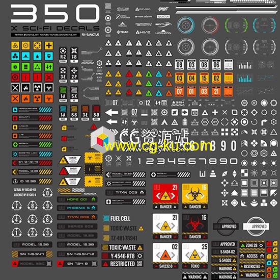 Blender科幻元素指示贴纸素材包 Gumroad – 350 Sci-Fi decal pack的图片1