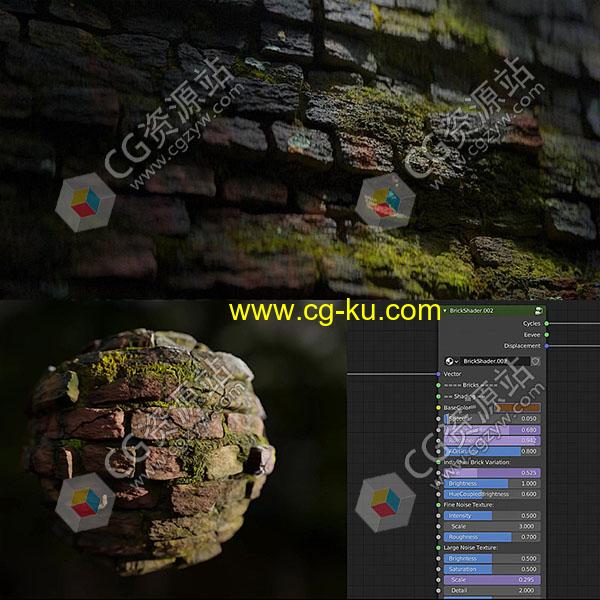 Blender程序纹理逼真苔藓砖墙大师班视频教程+中英文字幕的图片1