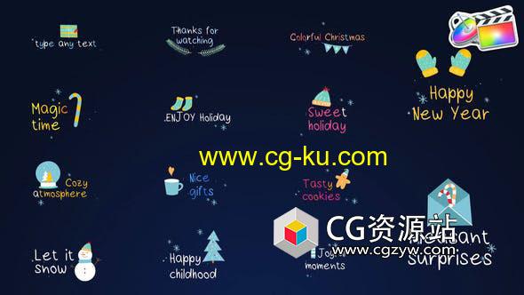 FCPX插件-卡通图形多彩发光雪花粒子圣诞文字标题动画 Colorful Christmas Titles的图片1