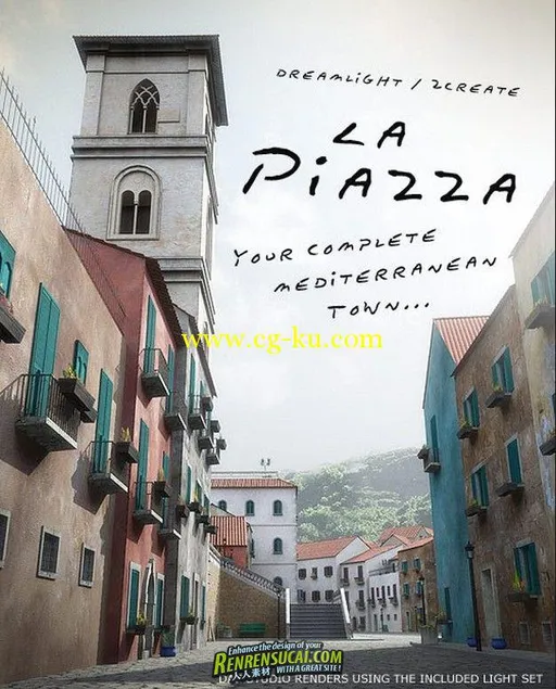 《地中海城市广场3D模型制作教程》DAZ 3D La Piazza Realistic Mediterranean Town的图片1