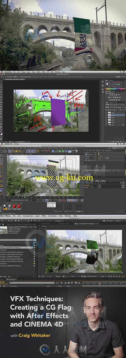 AE与C4D飘动旗帜影视特效视频教程 Lynda VFX Techniques Creating a CG Flag with ...的图片1