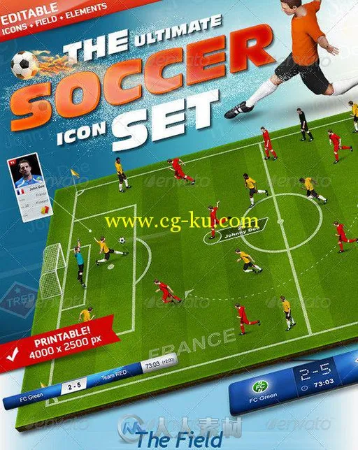 足球运动整体平面包装设计PSD模板 Graphicriver The Soccer Set Kicker Icons Fiel...的图片1