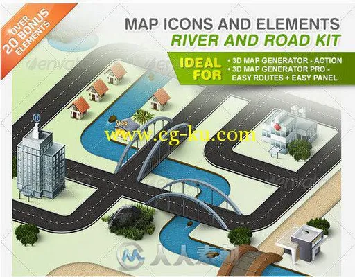 道路河流等地图图标PSD模板 Graphicriver Map Icons and Elements River and Road ...的图片1