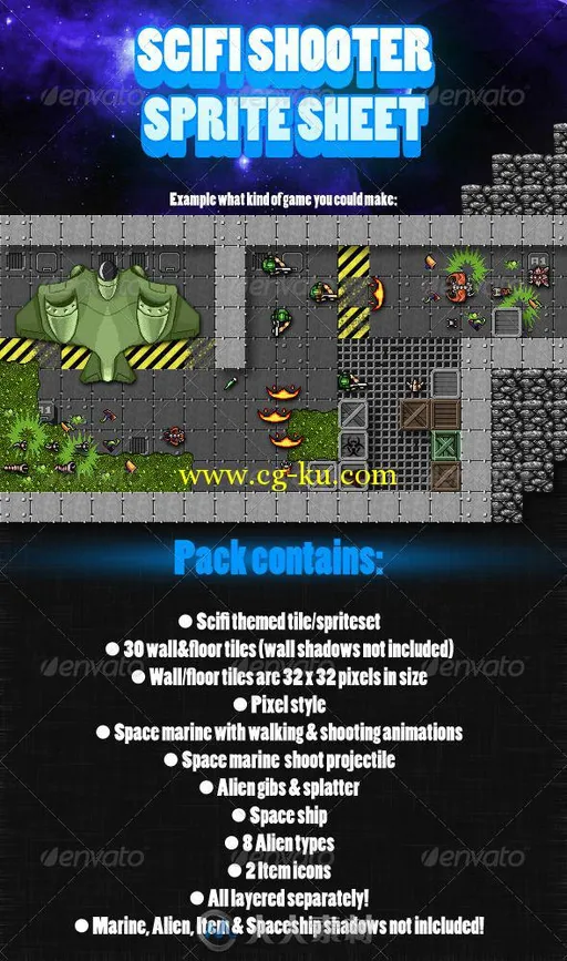 科幻射击像素游戏PSD模板 Graphicriver Scifi Shooter Sprite Sheet 4065946的图片1