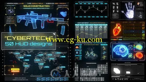 50组超级高科技HUD平视显示动画AE模板 Videohive CyberTech HUD Infographic Pack ...的图片1