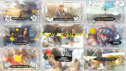 水彩涂鸦相册动画AE模板 Videohive Watercolor & Doodles SlideShow 12080107的图片1