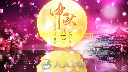 中秋月圆唯美夜色粉色花瓣漂飞亭子节日晚会LED屏幕视频背景素材的图片2