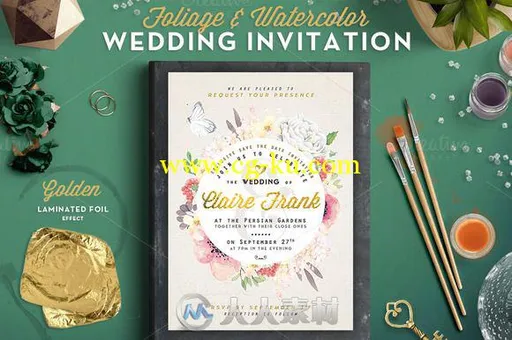 植物修饰水彩婚礼请柬PSD模板第二辑FoliageWatercolor Wedding Invite II的图片1