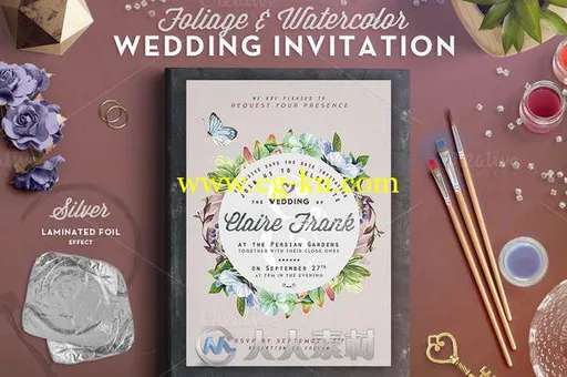 植物修饰水彩婚礼请柬PSD模板第三辑FoliageWatercolor Wedding Card III的图片1