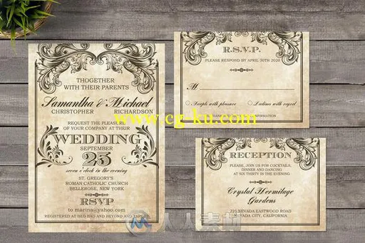 复古维多利亚风格婚礼邀请函PSD模板CM - Vintage Victorian Wedding Invitation 70...的图片1