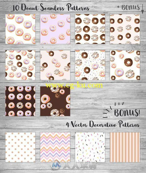 水彩画风格甜甜圈和糖纸平面素材合辑Watercolor Donuts PatternsGraphics的图片2