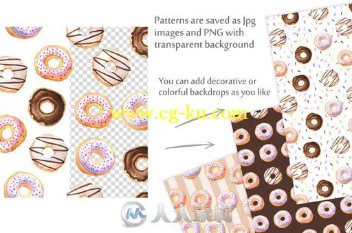 水彩画风格甜甜圈和糖纸平面素材合辑Watercolor Donuts PatternsGraphics的图片3