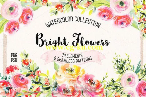 水彩画和花圈平面素材合辑Watercolor Bright Flowers的图片1