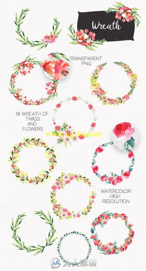 水彩画和花圈平面素材合辑Watercolor Bright Flowers的图片3