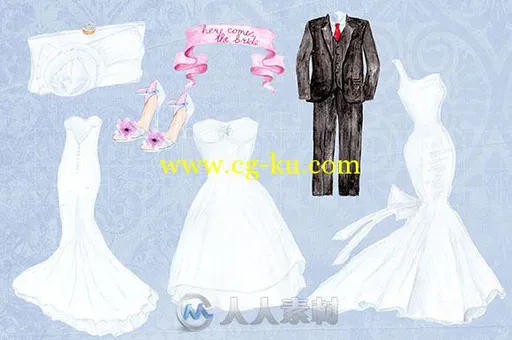 水彩风格婚礼用品平面素材Watercolor wedding dresses clipart的图片2