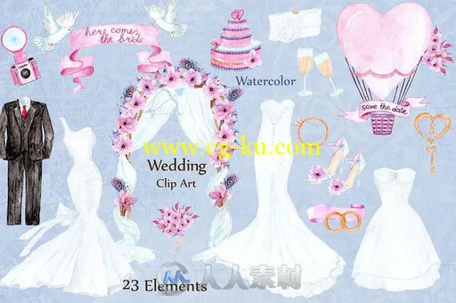 水彩风格婚礼用品平面素材Watercolor wedding dresses clipart的图片3