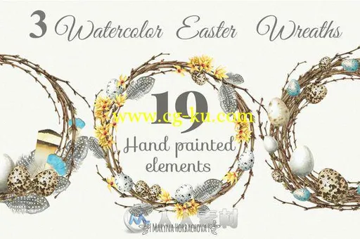 水彩复活节花环平面素材Watercolor Easter Wreaths的图片1