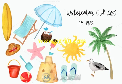 夏日沙滩水彩剪贴画平面素材合辑Watercolor-Beach-Clip-Art的图片1