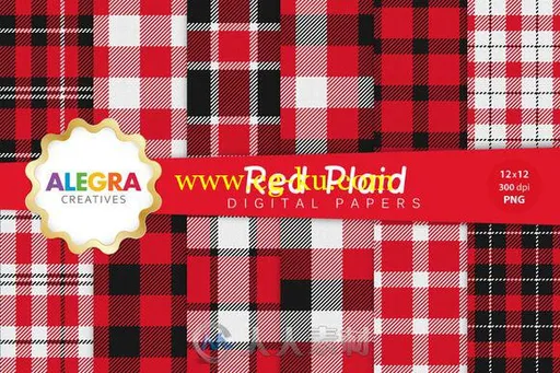 红格子花纹平面素材合辑Red Plaid Digital Paper Pack 587767的图片1