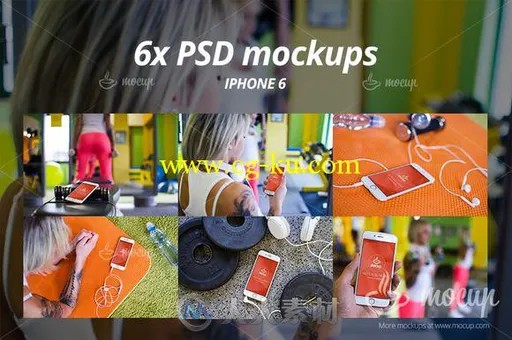 女性使用iphone健身场景PSD模板6 Mockups 6 Photos iPhone Fitness的图片1