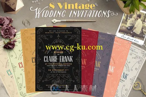 8款复古风格婚礼邀请函PSD模板8 Vintage Deco Wedding Invites II的图片1