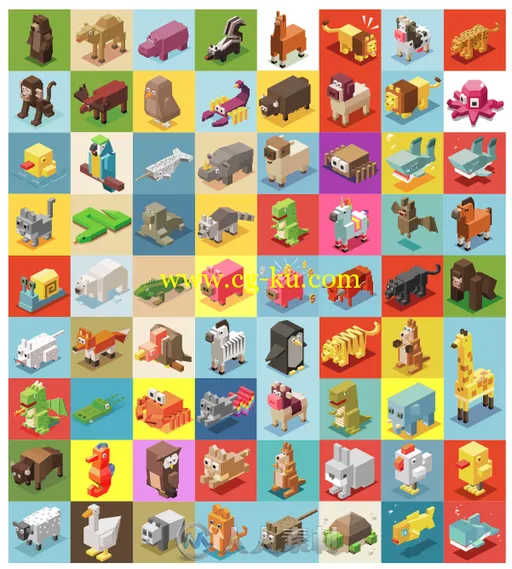 像素风格3D动物展示Ai模板Animals Isometric collection的图片2