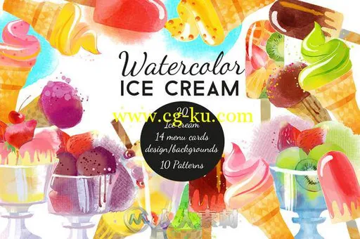 水彩风格冰淇淋甜筒展示矢量模板Watercolor Ice Cream的图片1